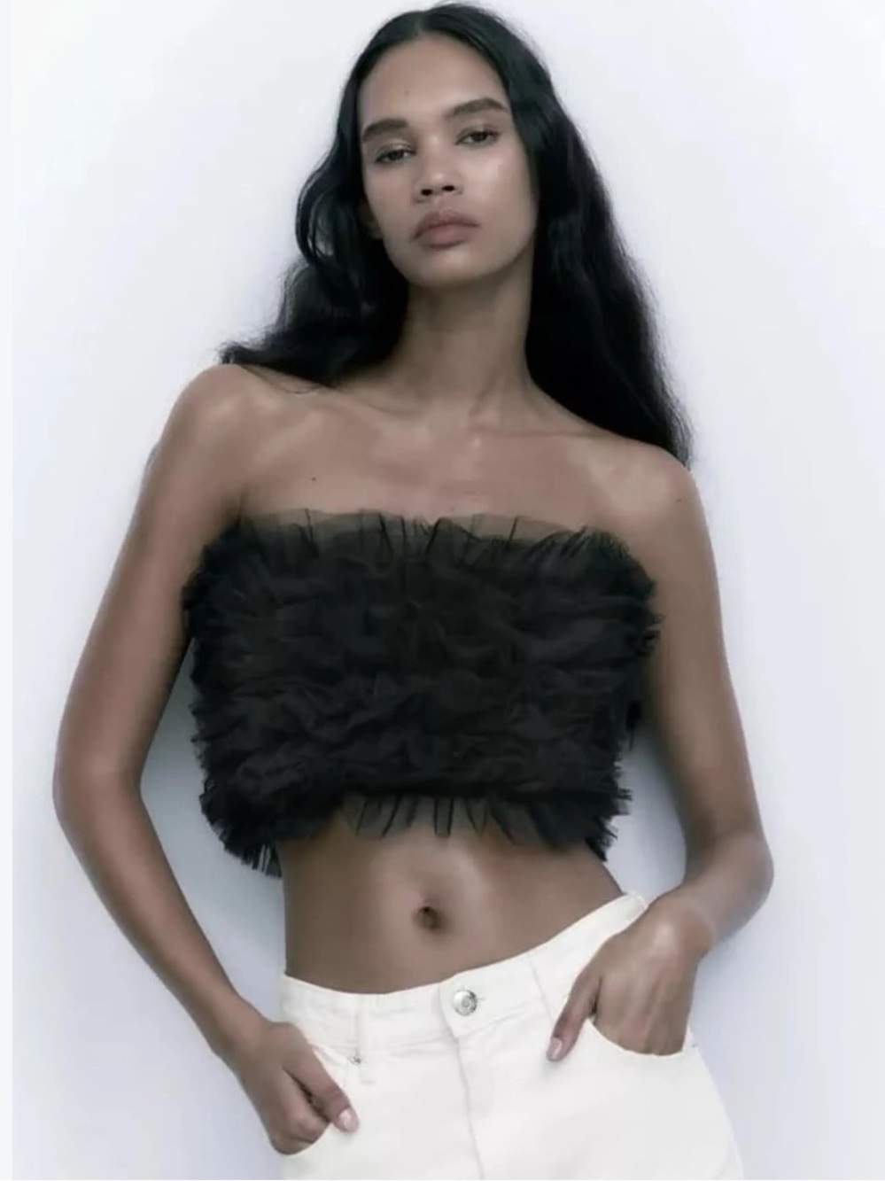 Zara Tulle Black Ruffled Strapless Crop Top